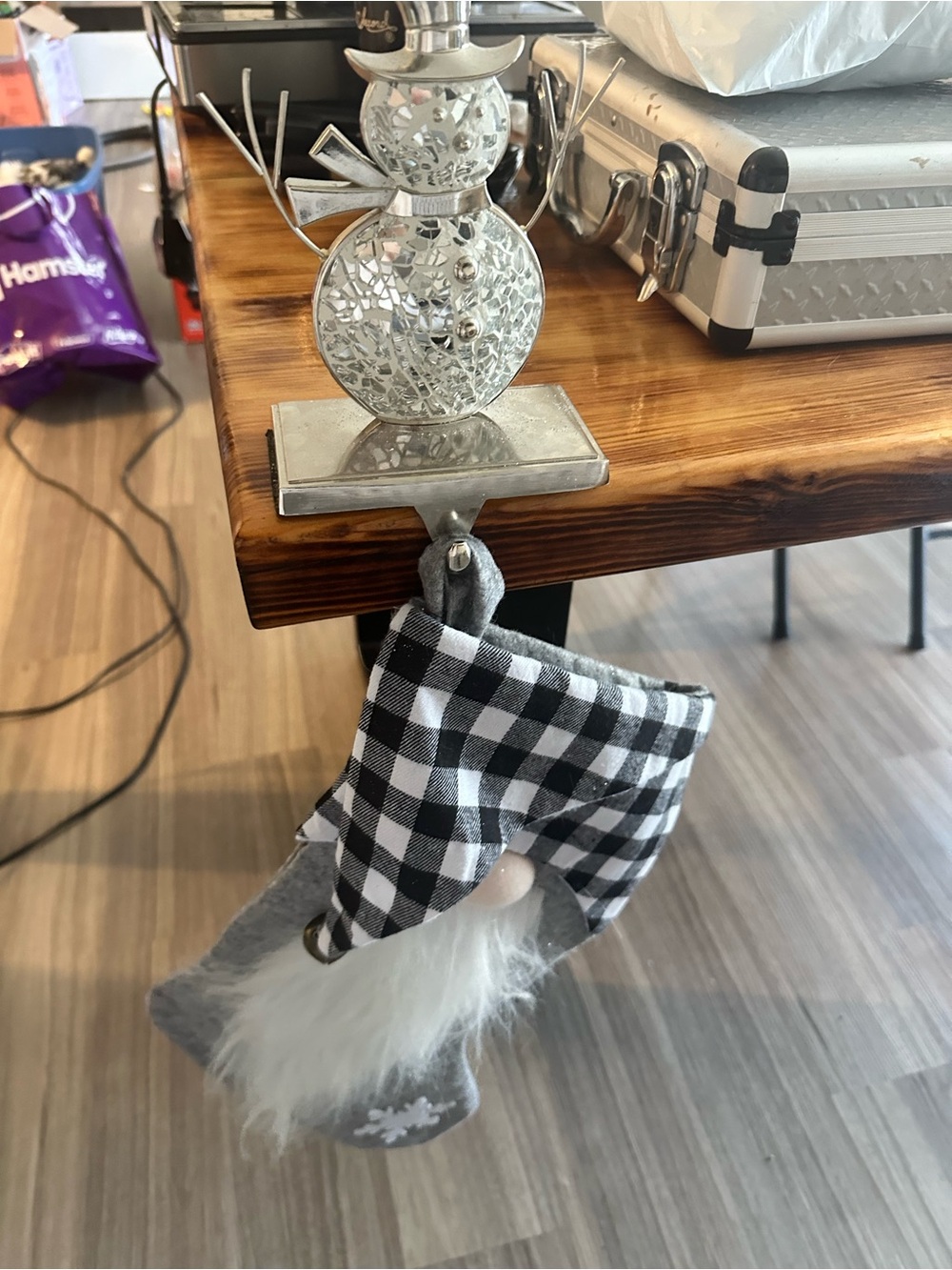 Holiday Gnome Stocking Hanger with Black & White Gingham Hat - Unbranded